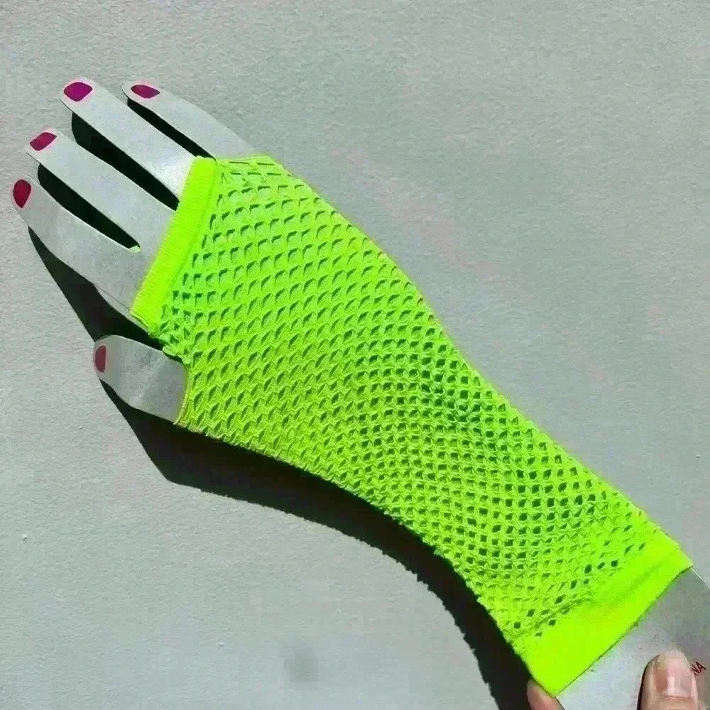 Neon Green Fishnet Fingerless Gloves Rave Halloween Costume‎ Festival Emo Punk